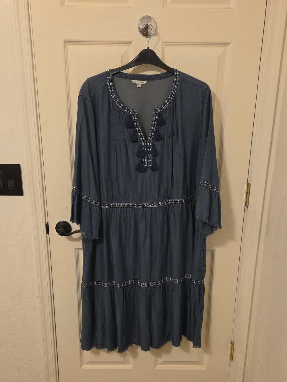 John Mark Navy Blue Embroidered Tassel Midi Dress